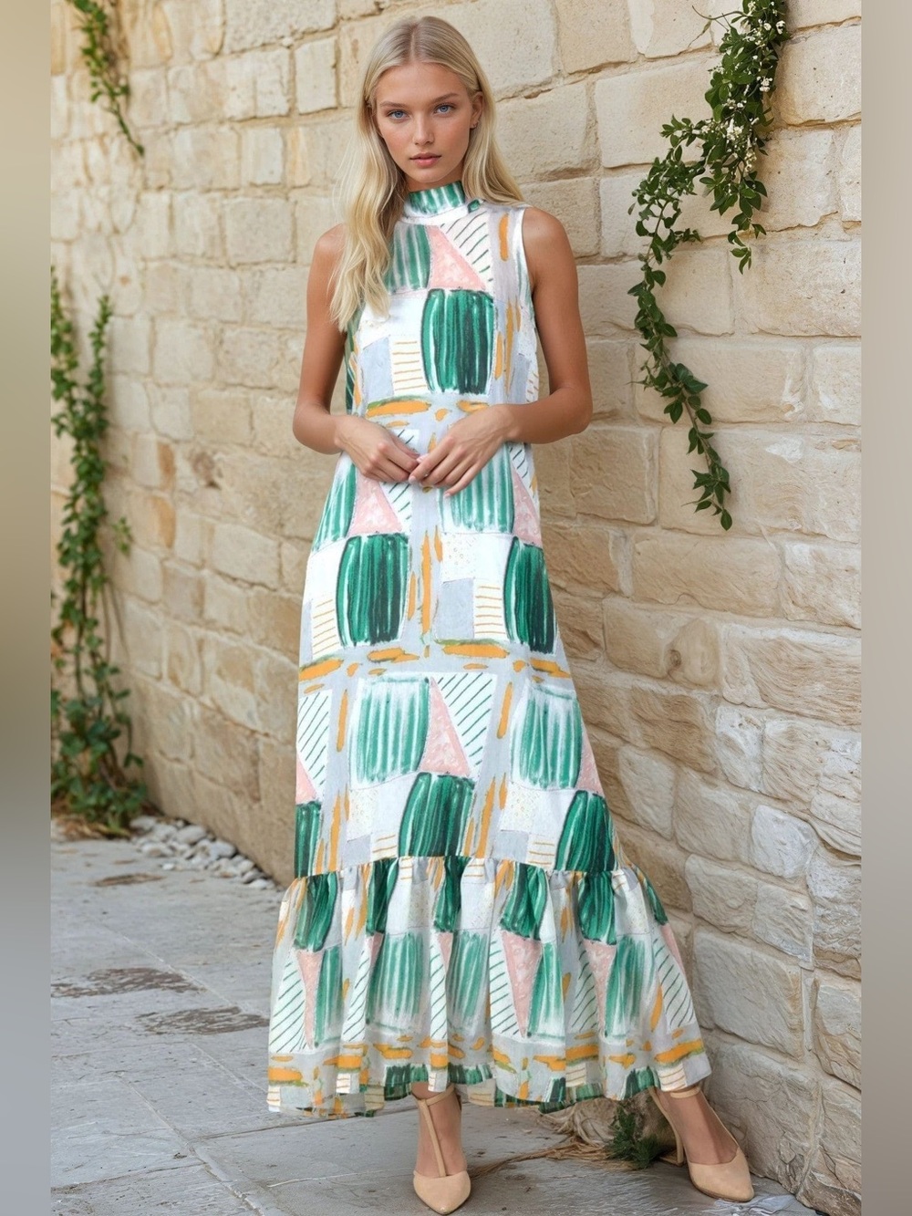 🎨 Anthropologie Eva Franco Green, Pink and Yellow Abstract Print Maxi Dress